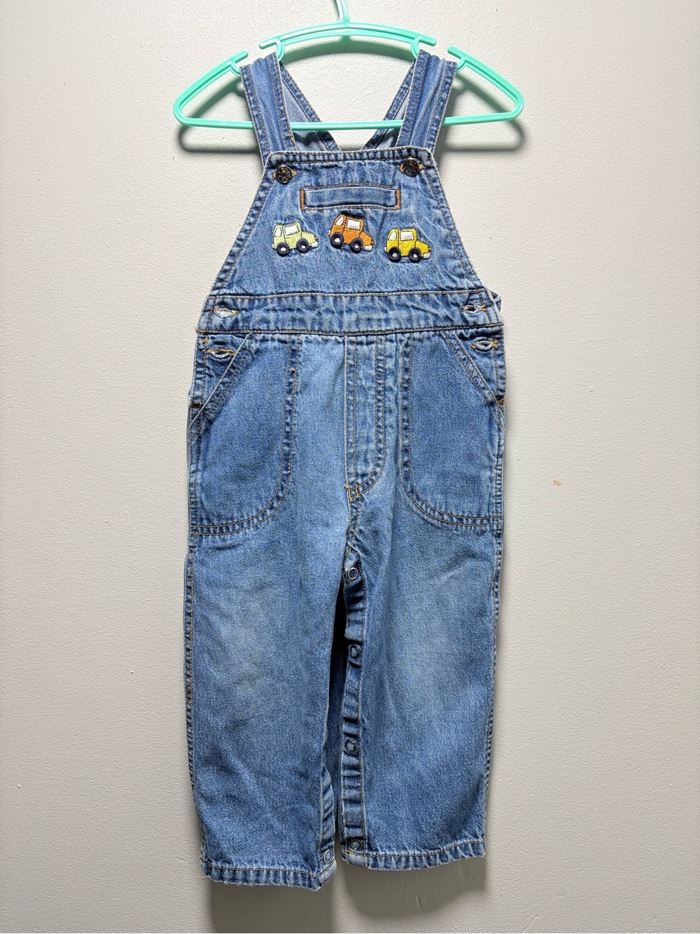 Denim Overalls with Green, Orange & Yellow Car Embroidery - Kids Bottoms